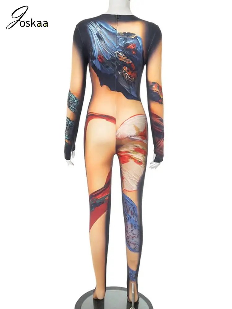 Joskaa 2025 Women's Sexy Body Paint Print Round Neck Long Sleeve Skinny Jumpsuit Midnight Party Club Rompers Y2K Streetwear - Image 5