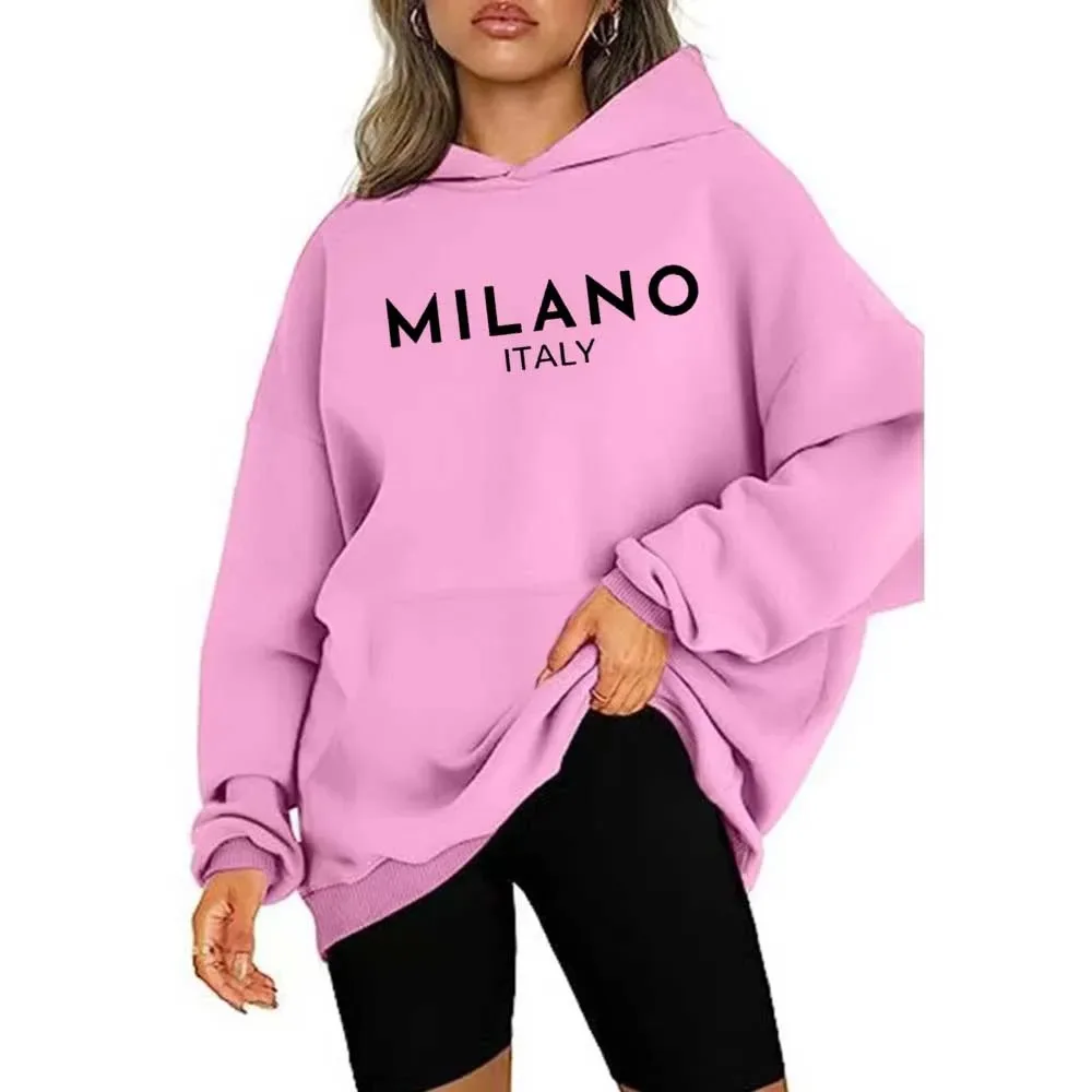 Milano Print Kangaroo Pocket Hoodie, Casual Long Sleeve Drawstring Hoodies Sweatshirt, Women's Clothing