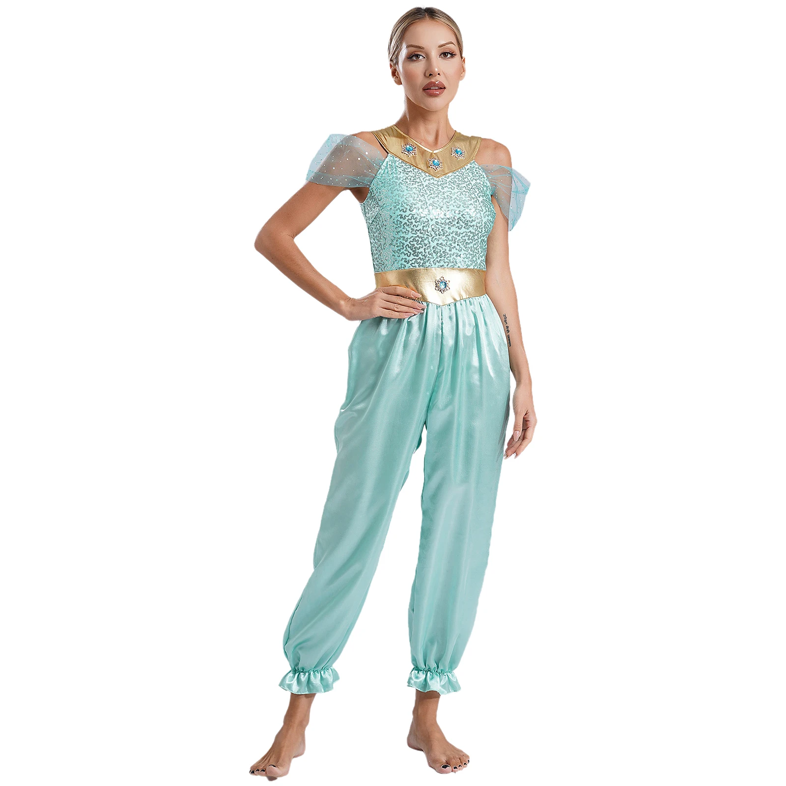 Womens Arabian Princess Belly Dance Halloween Costume Shiny Sequins Gems Jumpsuit Romper Indian Bollywood Role Play Fancy Dress