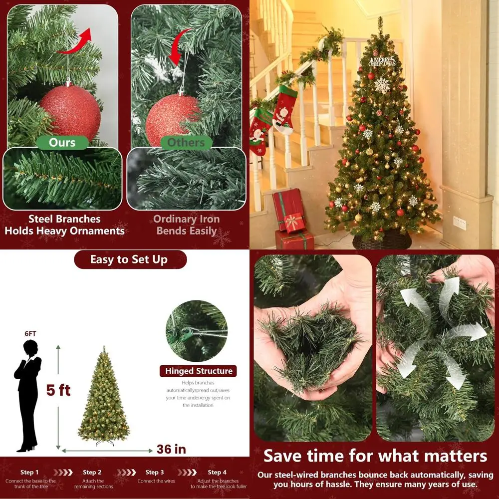 

5ft Premium Hinged Pre-lit Christmas Tree with 200 Warm White Lights, 551 Tips, Easy Setup Green Holiday Tree with Foldable Base