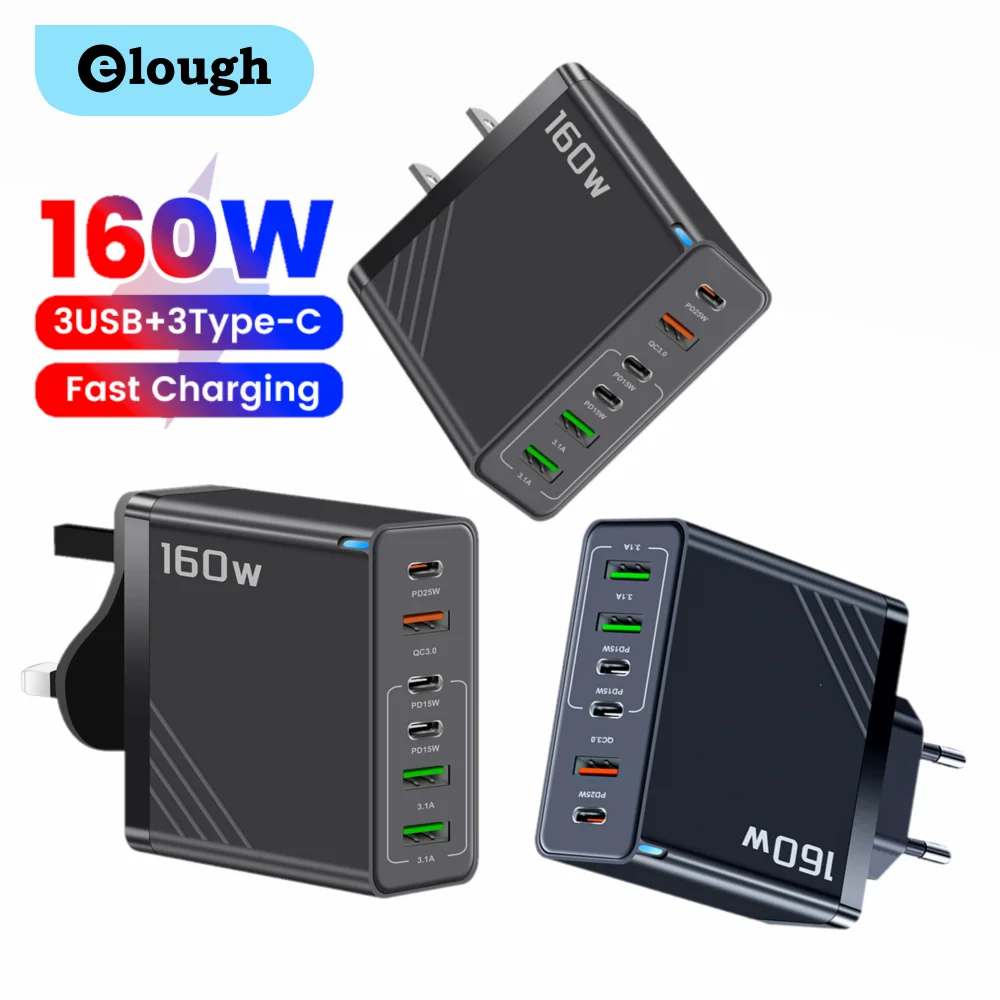 Elough 160w 3 Type C + 3 USB 6 Ports Charge rapide chargeur de téléphone portable QC 3.0 Super adaptateur de Charge pour POCO Oneplus Samsung Huawei