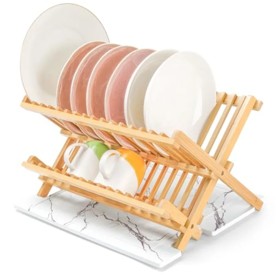 

Bamboo Dish Drying Rack with Stone Drying Mat Quick Drying 2Tier Rack Design Dish Plate Drying Rack for Kitchen Counter 17'' x