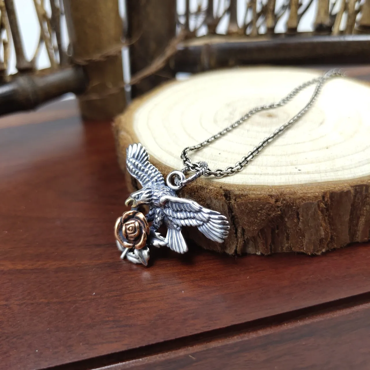 

Sterling silver flying eagle rose pendant men 925 silver retrofashiontrendy distressed thai silver creative stylish necklace