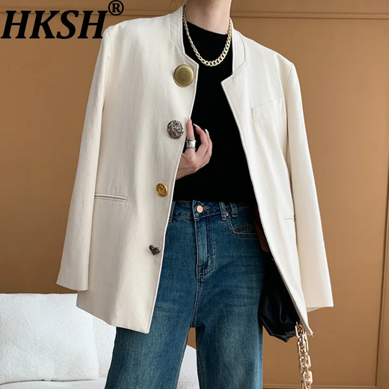 

HKSH Spring Autumn New Women Blazer Single Breasted Buttoned Stand Collar Long Sleeve Elegant Temperament Fashion Jacket HK12535