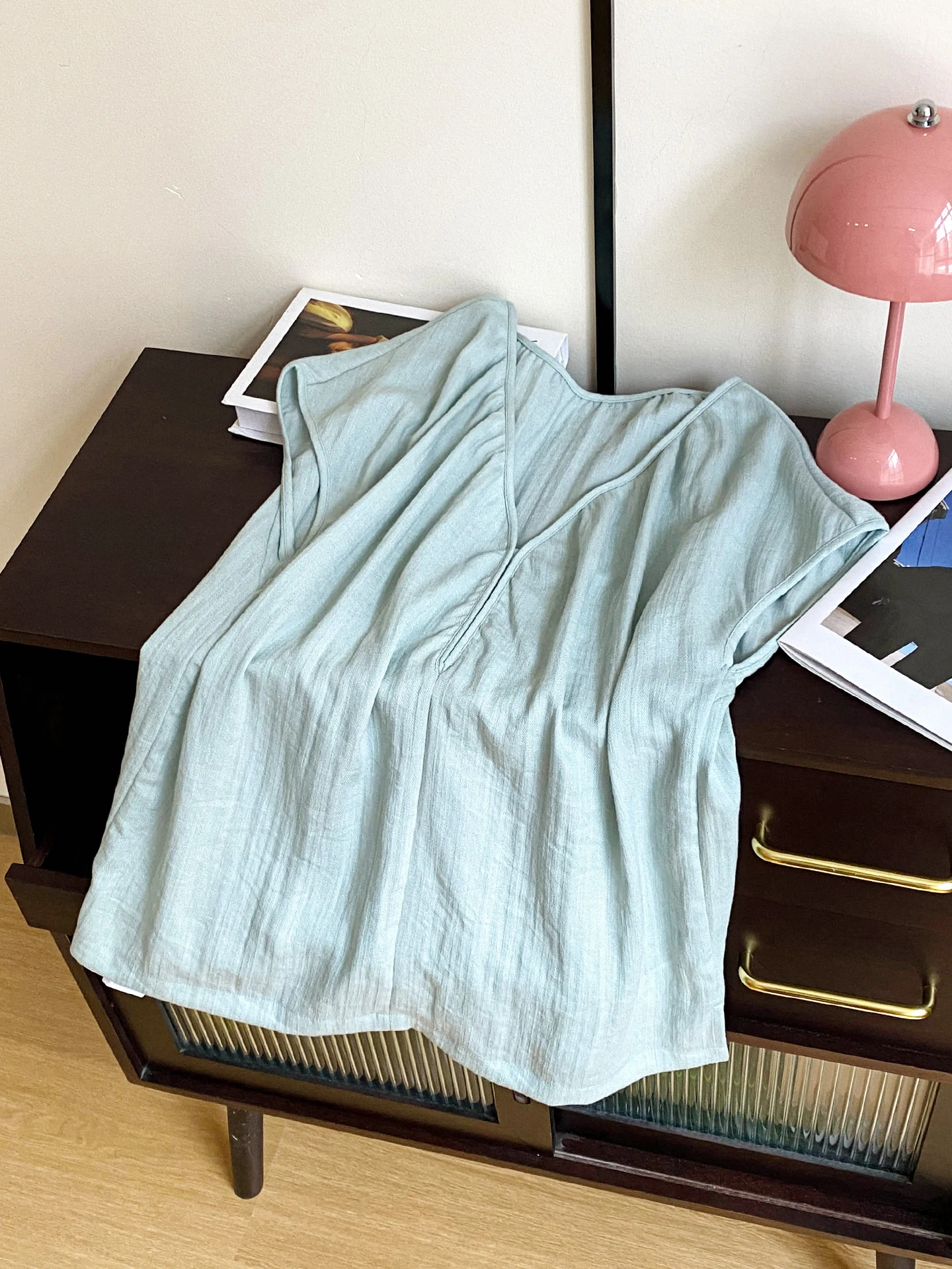 

Casual Cotton Linen ort Sve irt Women Summer Loose V-Ne Pleated Flng Sve T-irt Top Retro Commute Sle