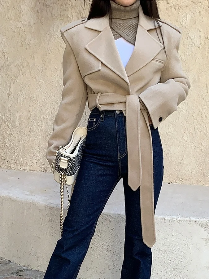 

Твидовое твидовое женское пальто с высокой талией в стиле ретро, утягивающее пальто с поясом, шерстяная верхняя одежда, длинный свеч, чистый цвет