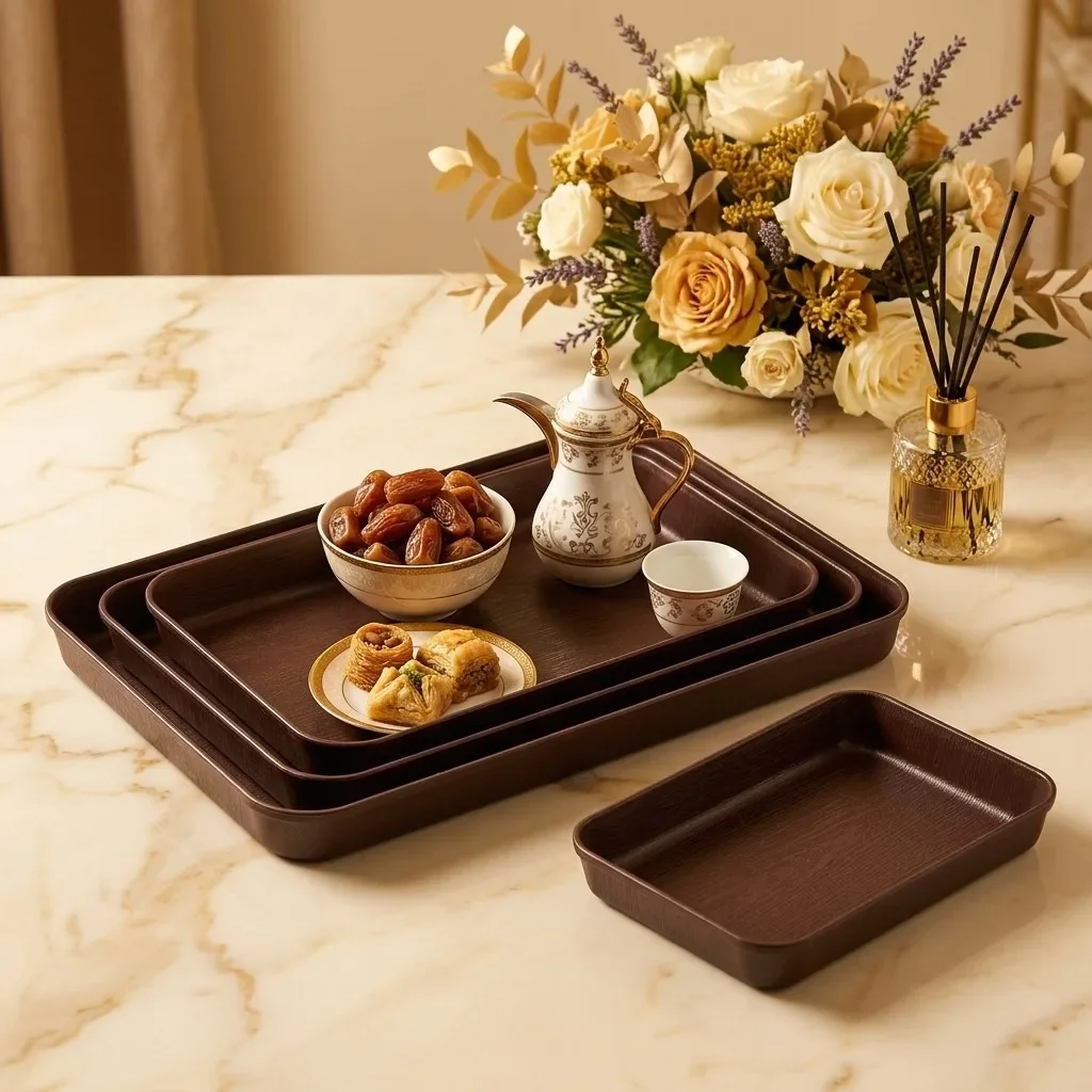 Plastic Serving Tray Rectangular Faux Wood Non-Slip Nesting Fruit Food Plate Dishwasher Safe Dishes Serving Platters Tableware