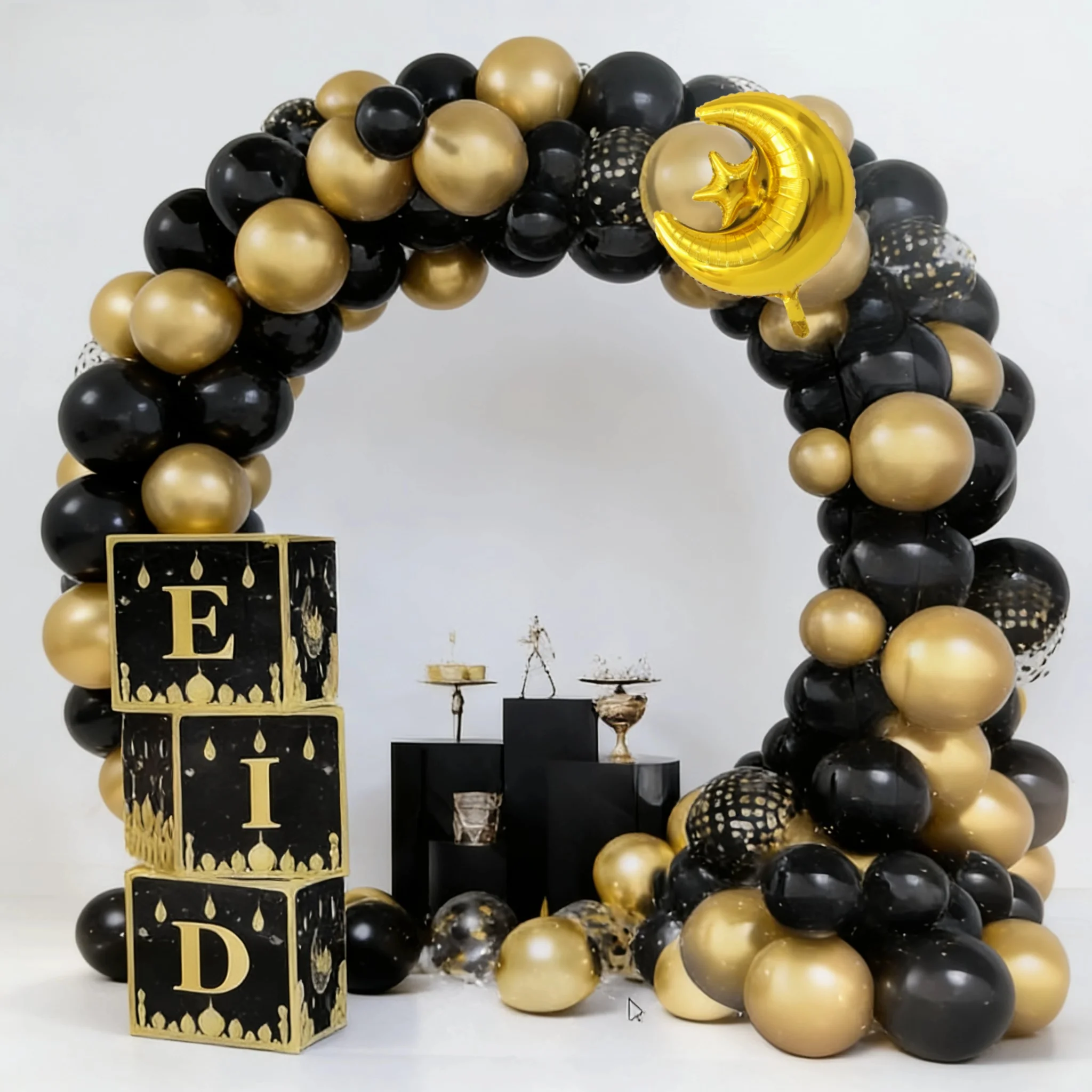 72-teiliges Eid-Ballonbogen-Set – schwarze und goldene Mond- und Sternballons, festliche Ramadan-Dekorationen, geeignet für muslimische Party-Hintergründe