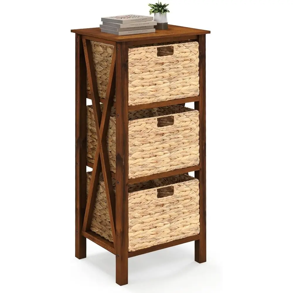 

Walnut 3-Tier Nightstand with Acacia Wood Legs and Wicker Baskets for Bedroom Storage