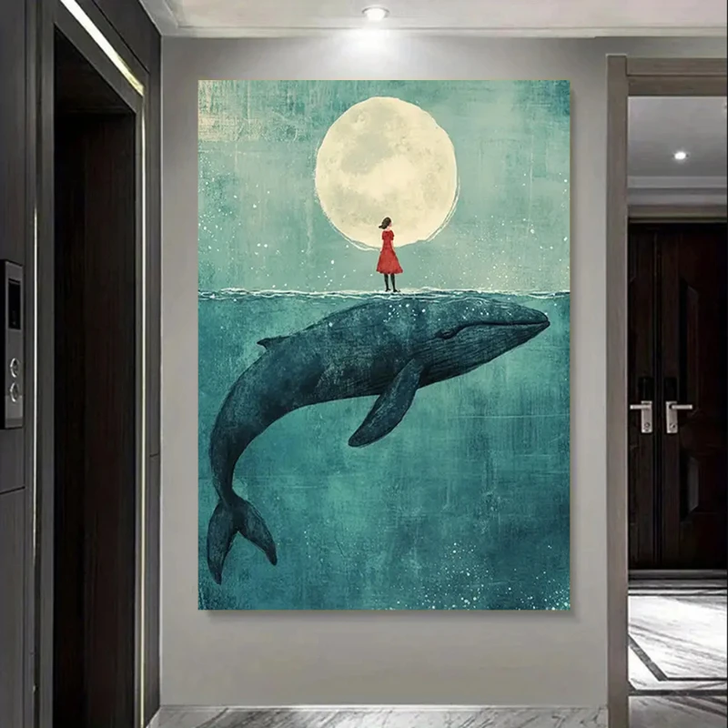Whale and Girl in The Moonlight Poster and Prints Retro Abstract Canvas Painting Wall Art Picture for Living Room Home Decor