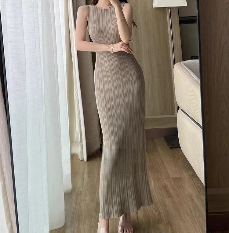 Tank Top Long Skirt Slim Fit Sleeveless Knitted Skirt Temperament Cinched Waist Slimming Dress