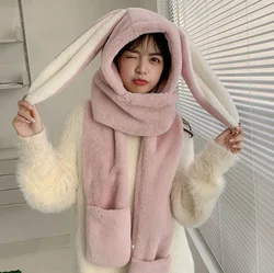 Rabbit Big Ears Plush Cross Border Cycling Lovely Hat Female Cold Hat Autumn Winter Scarf Gloves One Girl Hat Student Pink