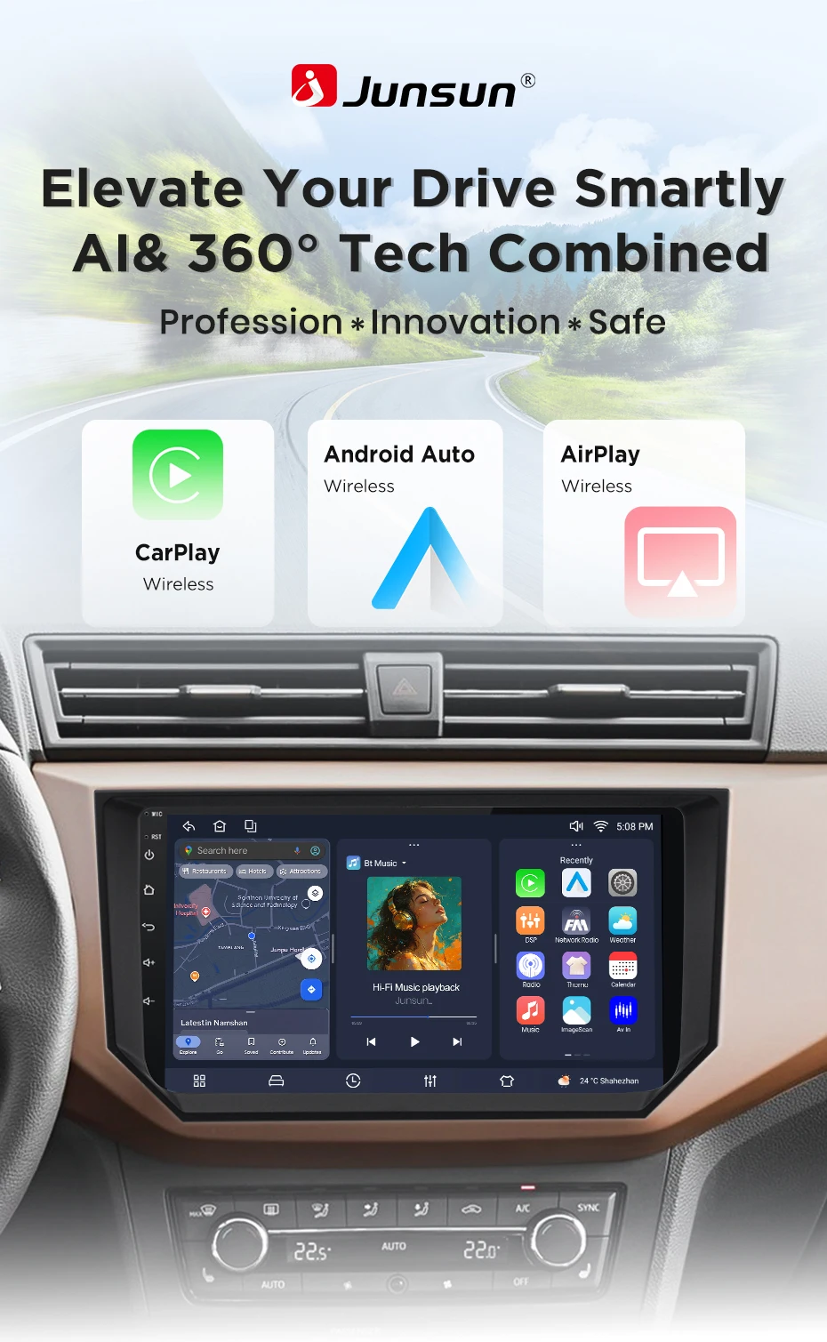 Junsun Android 15 Auto-Intelligentes System für Seat Ibiza 2017-2020 2021 AI Wireless CarPlay für Apple Auto 9" IPS Touchscreen – Detail 2