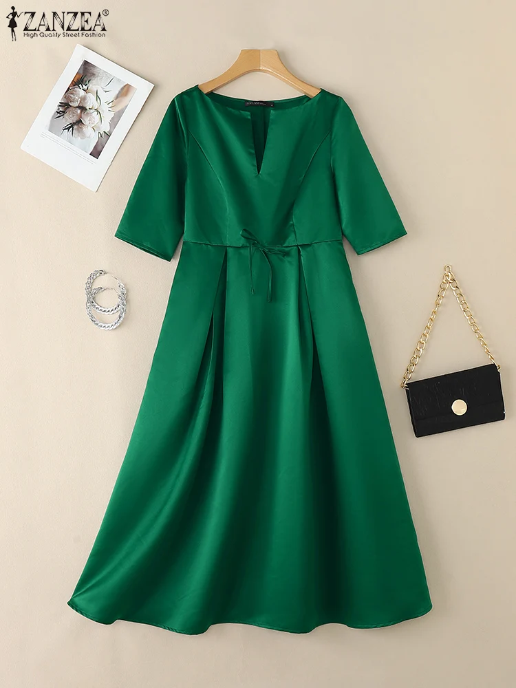ZANZEA レディースエレガントなサテンミディドレスファッション V ネック 3/4 スリーブハイウエストスイングローブファム通勤固体 A ライン Vestidos