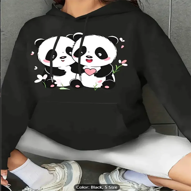 

Женская черная толстовка с милой пандой, пара сердечек, графический принт, повседневная негабаритная толстовка с капюшоном на шнурке для любителей панды, хлопок