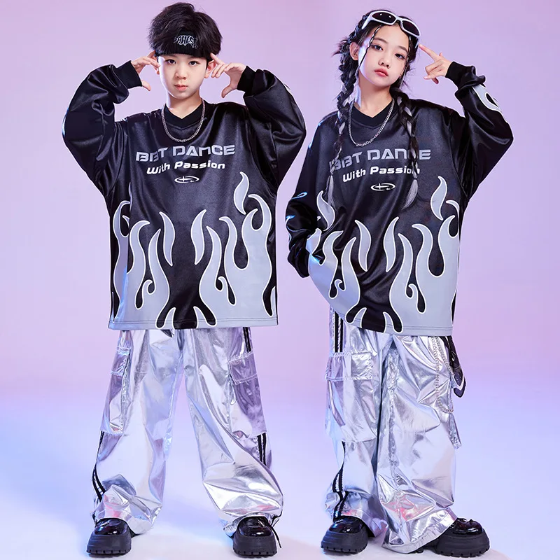 เด็ก Cool Hip Hop เสื้อผ้าเปลวไฟสีดําเสื้อกันหนาว Silver Casual กว้างกางเกงสําหรับ Girl Boy Jazz Dance สวมเสื้อผ้าเครื่องแต่งกาย