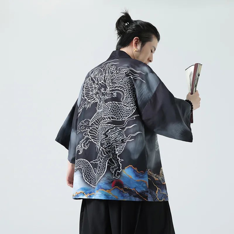 Summer New Chinese Style Men's Retro Trend Printed Hanfu Windbreaker Japanese Kimono Cardigan Cape Thin Ethnic Clothing Man 5xl