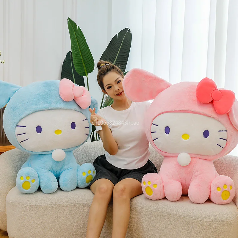 75cm Big Size Hello Kitty Transformed Healing Cute Rabbit Plush Stuffed Toy Doll Anime Character Soft Plushies Children's Gift