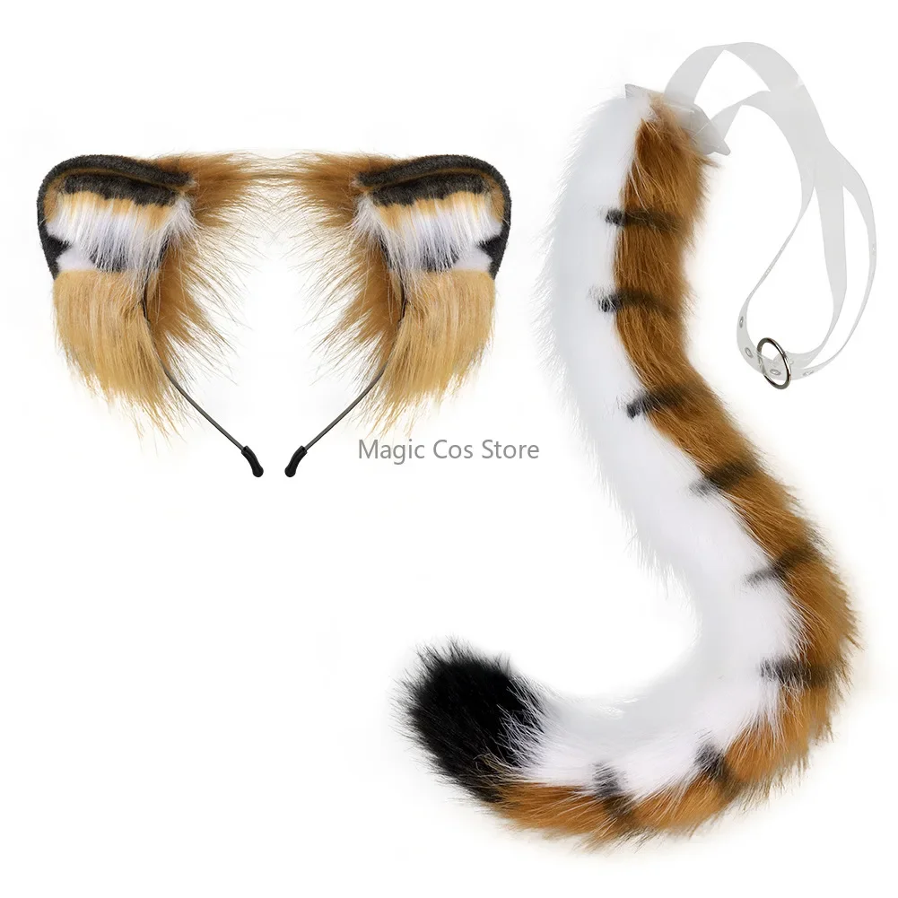 Fluffy Tiger Tigeres Ears and Tail Furry Set Cats Cosplay Plush Kitty Cute Ears Headband Halloween Sexy Costume Props Women