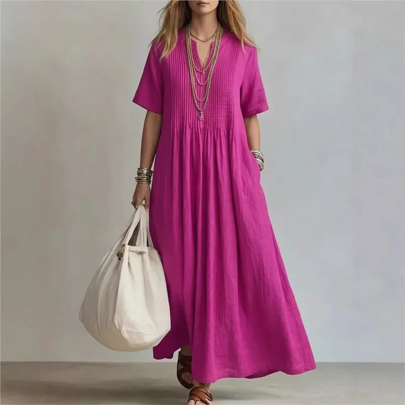 Lockeres, lässiges, einfarbiges, plissiertes langes Kleid für Damen, Sommer, V-Ausschnitt, kurze Ärmel, drapierte Taschen, Maxikleid, Party, Strand, Resort
