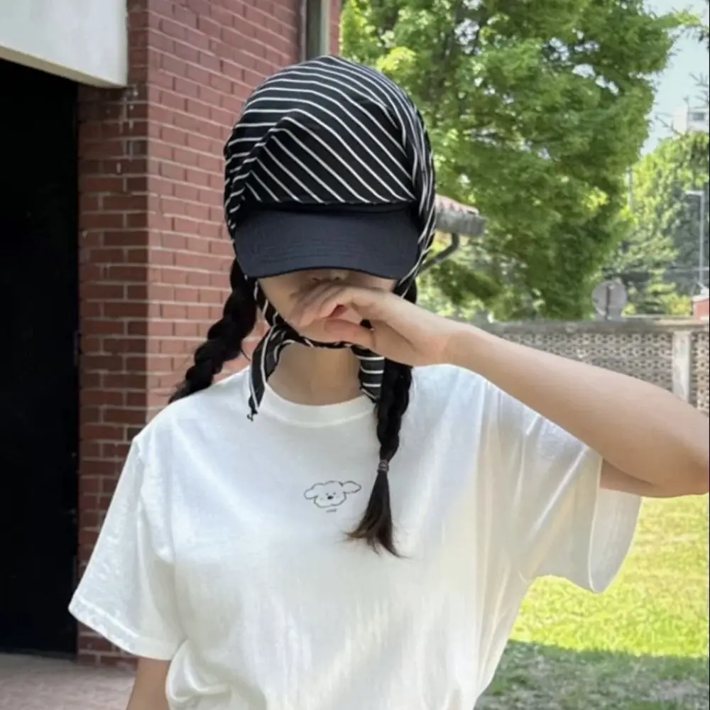 

Portable Korean Style Scarf Hat Cotton Spicy Girls Stripe Baseball Cap Hair Band Hiphop Strappy Scarf Hat Girl