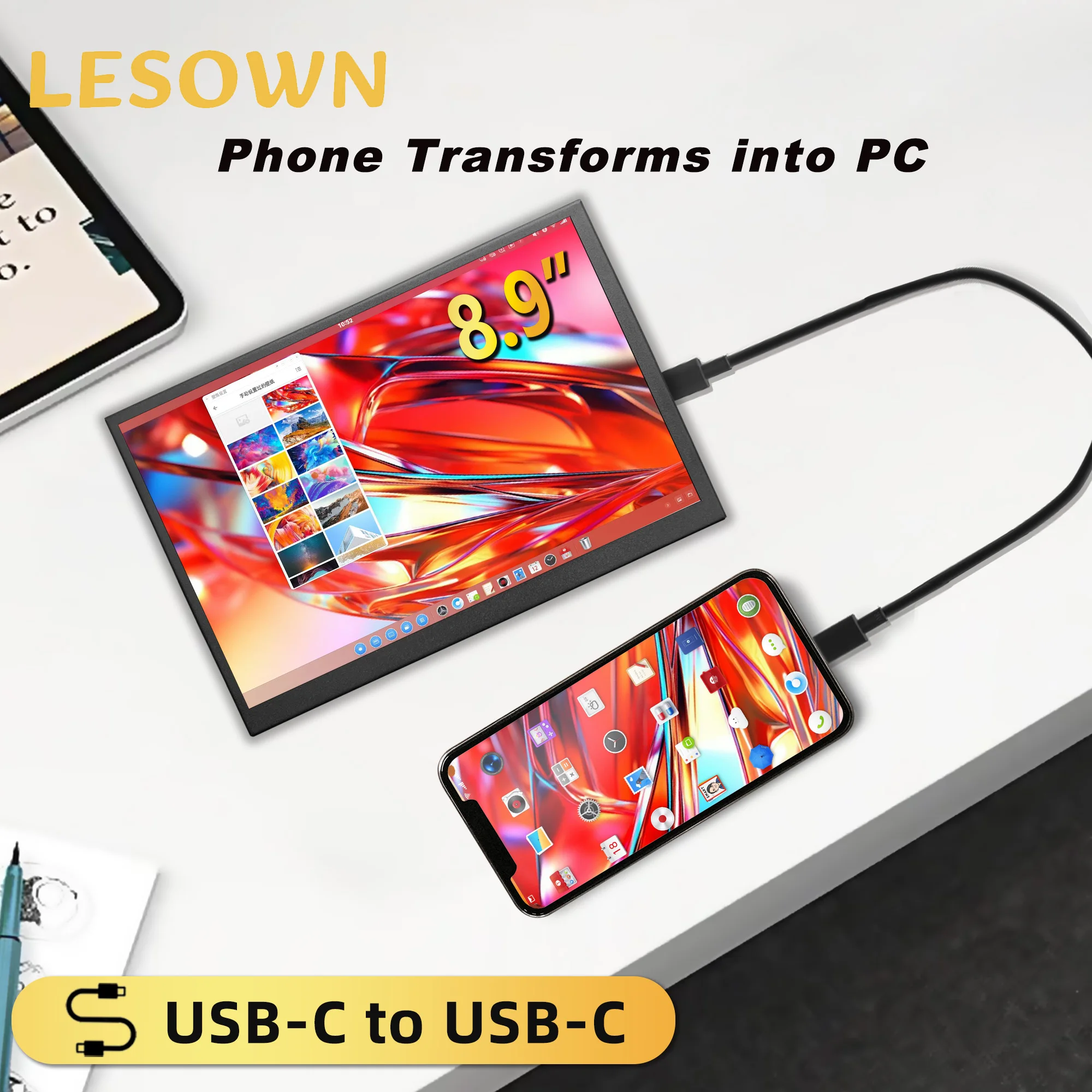 

LESOWN 8.9 Inch 1920×1200 IPS Portable Gaming Screen Auxiliary Side Display Camera Video Field Monitor Driver-Free Setup for PC
