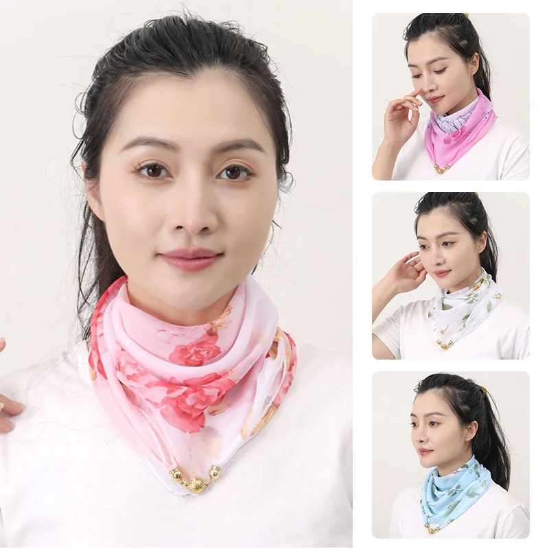 Women Versatile Lazy Scarf Magnetic Snap Square Scarf Small Gold Ball Silk Chiffon Multi-functional New Spring Summer Versatile