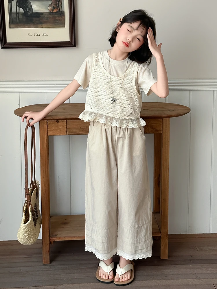

Girls Summer ort Sve Faionable Tee-Piece Set Wide Leg Pants Vest Cotton Nine-Piece Pants Trendy Outfit for Teens