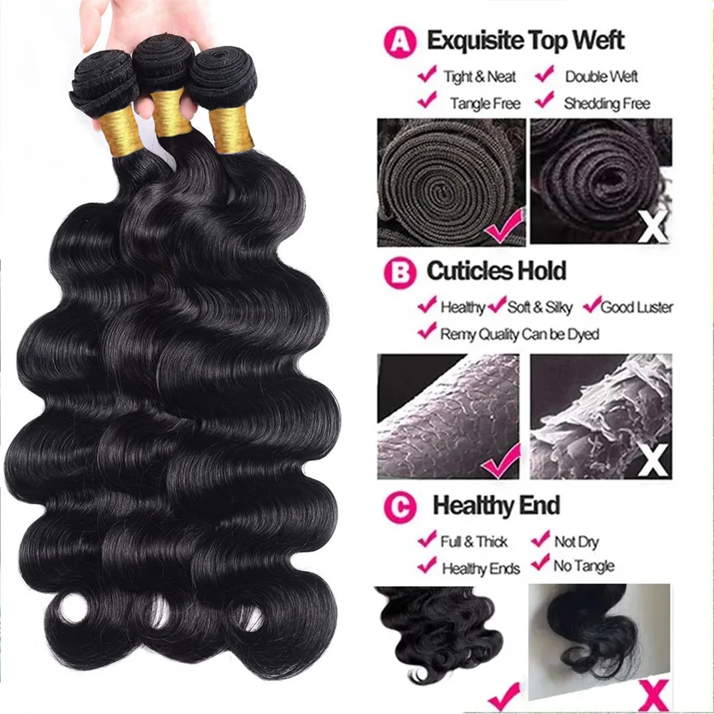 BeautyQueen 30 Inch Body Wave Bundles Human Hair 100% Brazilian Hair Virgin Remy Human Hair Natural Black For Women Double Drawn