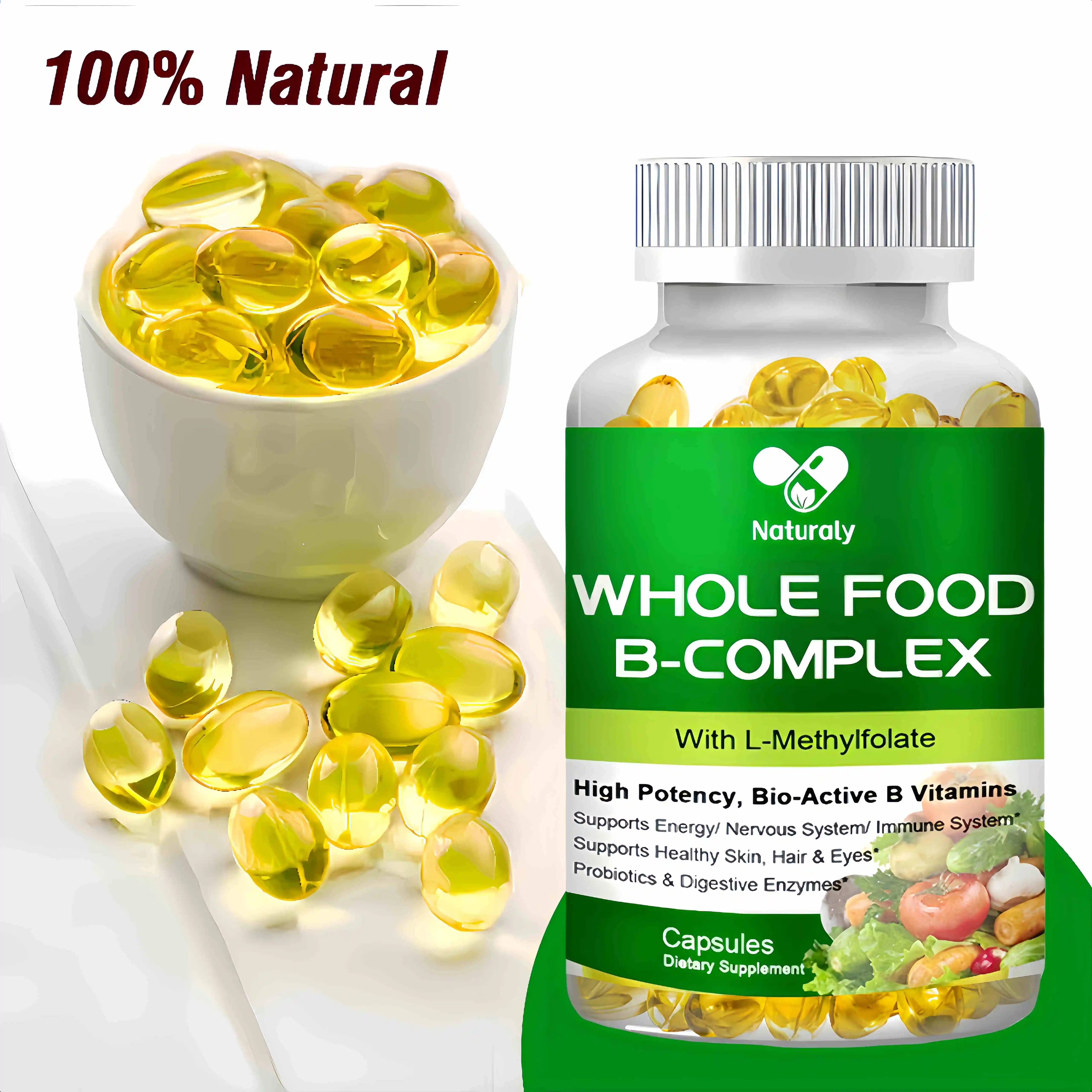 Vitamin B Complex Capsules B1, B2, B3, B5, B6, B7, B9, B12 Whole Food Supplement for Stress, Energy and Immune Support Non-GMO