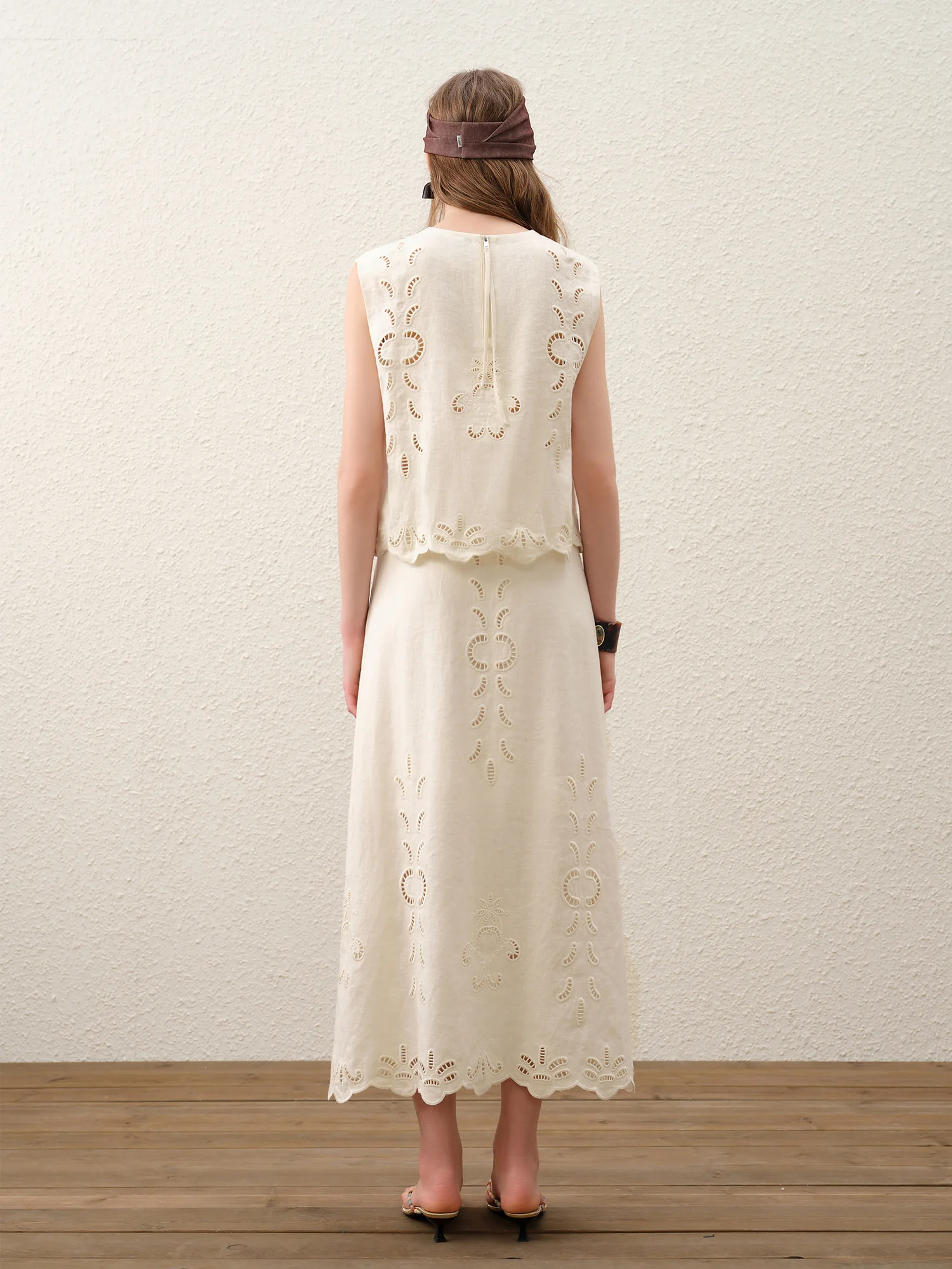 FSLE【Premium Series】Summer Women Linen Two Piece Set Cut-Out Embroidered Sleeveless Top Midi Skirt Boho Beach Vacation Style