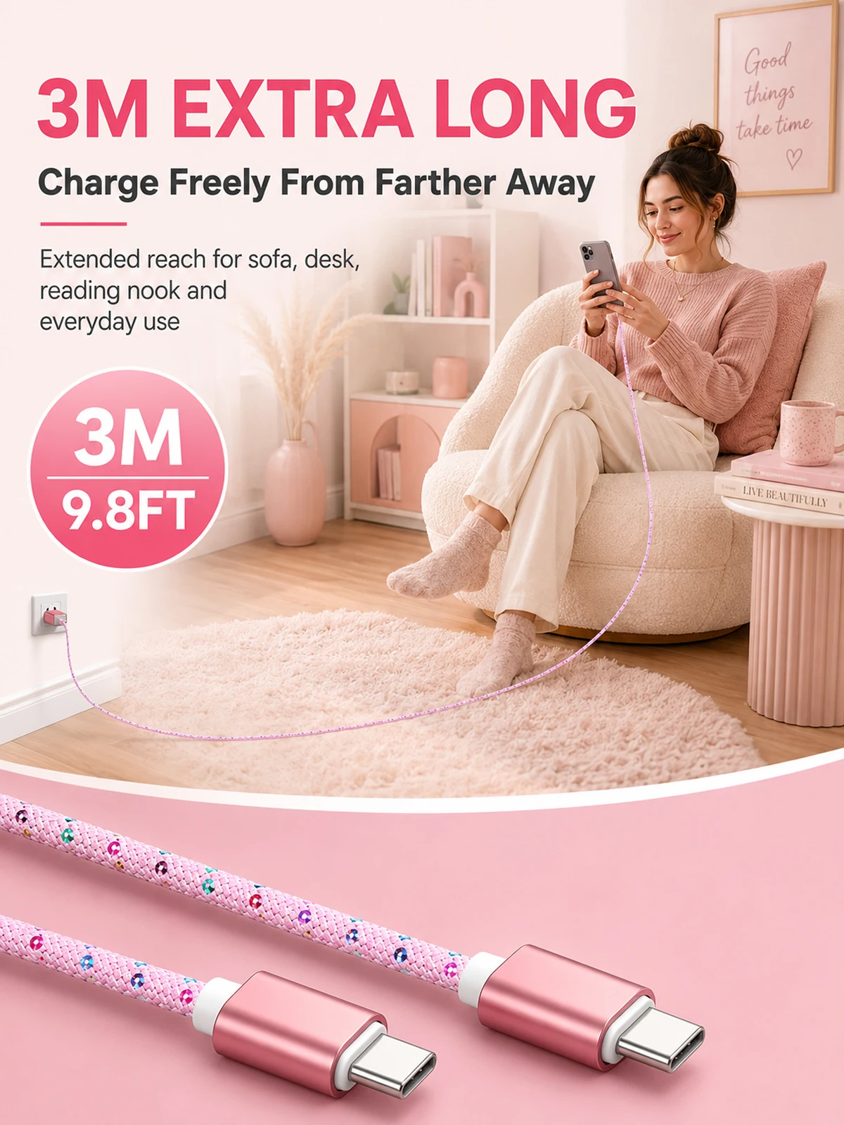 Beixy Typ C zu Typ C 3M PD 100W Superschnelles Ladekabel für iPhone, Macbook Pro, Samsung, Xiaomi, Mädchen C zu C Verlängerungs-Datenkabel – Detail 6