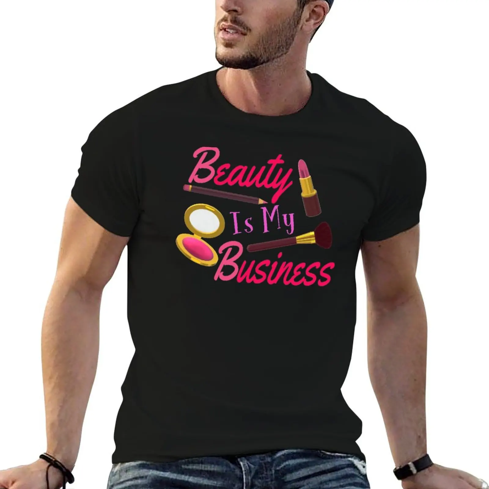Beauty Is My Business - Quote for Makeup Lovers, Artists and Cosmetologists.(Pink and Purple Letters on Black Background T-Shirt
