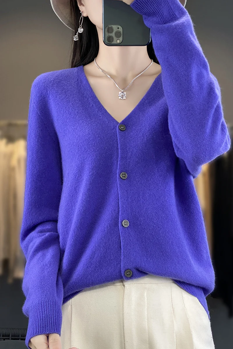 Manica lunga 100% maglioni Merino lana primavera autunno Cashmere donna maglia con scollo a v Top Cardigan abbigliamento Top