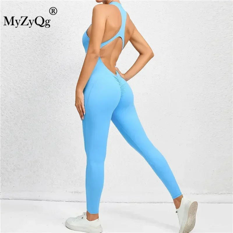 MyZyQg Zipper One-piece Yoga Jumpsuits Sports Bodysuit Hollow-out Back Running Fitness Pilate Gym Ballet Dance Aerial Jumpsuits