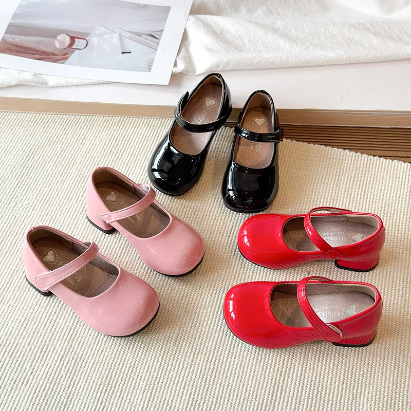 2026 New Plain Patent Leather Ballet Flats for Baby Girls Concise Round-Toe Mary Jane Shoes Red/White Kids Soft Sole