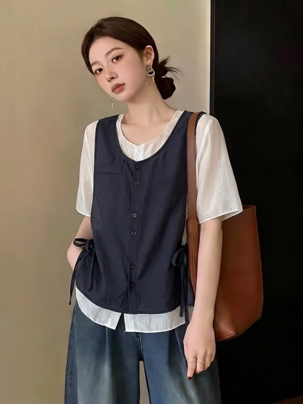 

Slimming Effect Green Short Sleeve Shirt Women's Loose Fit Fake Two-Piece Style Commute Fashion Korean Version plus Size