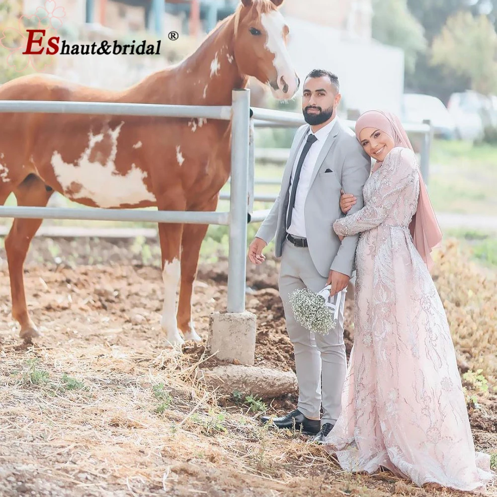 Robe de soirée sirène élégante en dentelle faite à la main pour femme, col en V, manches longues, cristal, rose de Dubaï, Rhformel, fête de mariage, quoi que ce soit, 2023