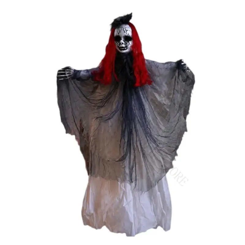 R7UF Seasonal Hanging Horror Doll Prop with Red Hair and Top Loop, Halloween Decor for Entryway, Ceiling, Display Corner, and