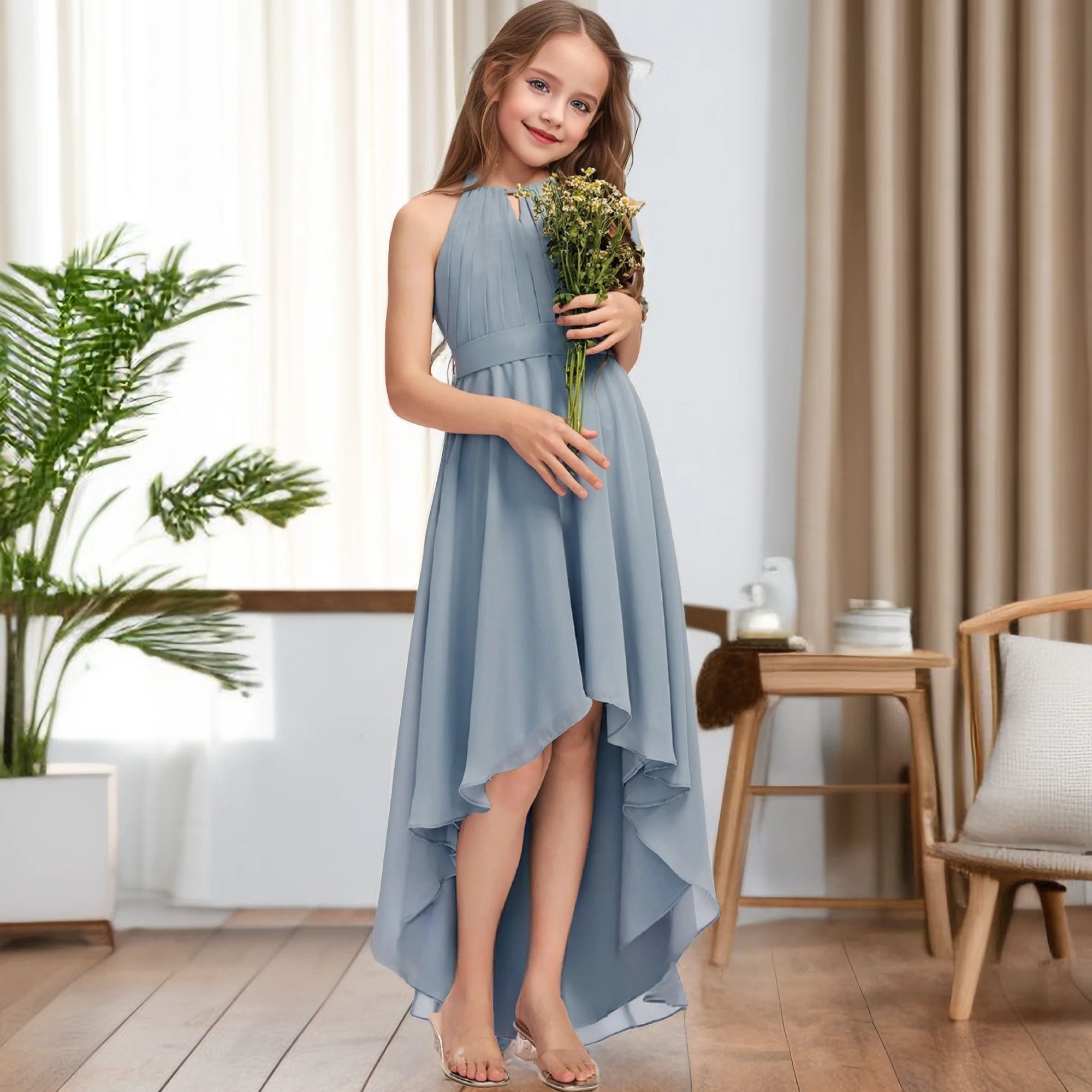 High-Low Chiffon Junior Bridesmaid Dress Wedding Festivity Celebration Pageant Birthday Party Event Ball Gown Prom Night Banquet