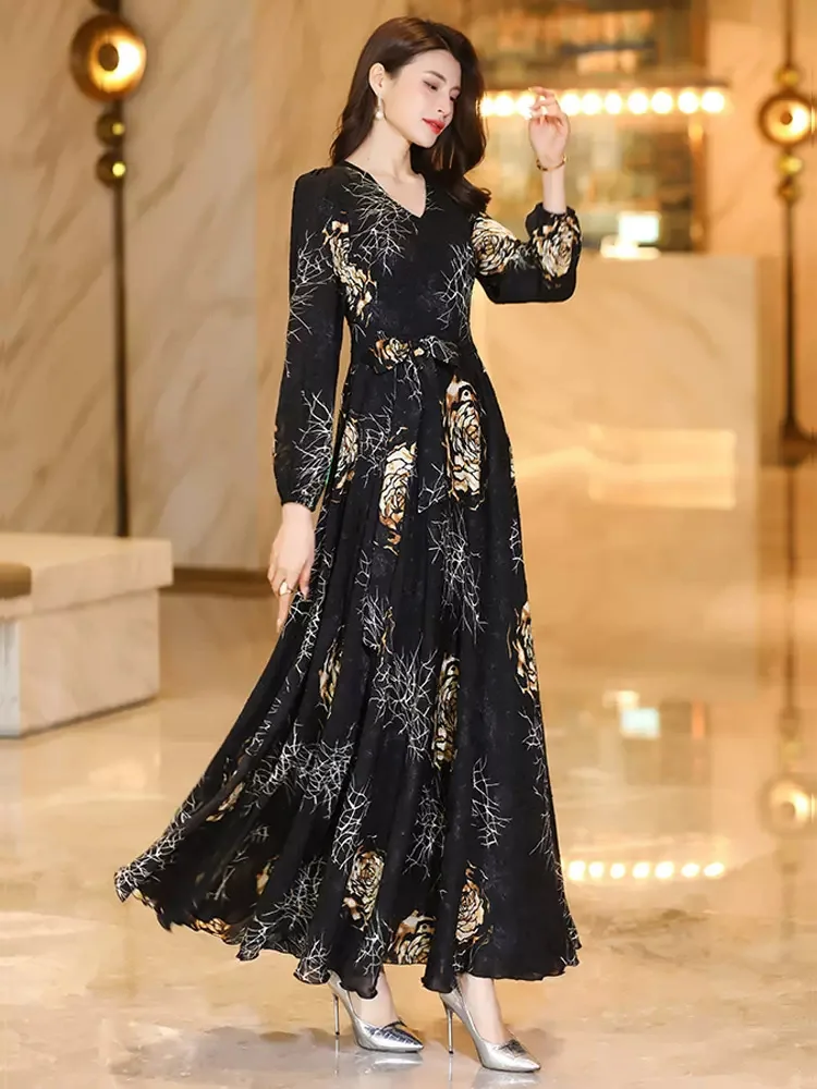 New Women Spring Summer Print Long Dress Fashion V-Neck Long Sleeve Slim Dress Elegant Flowing Holiday Overlength Dress