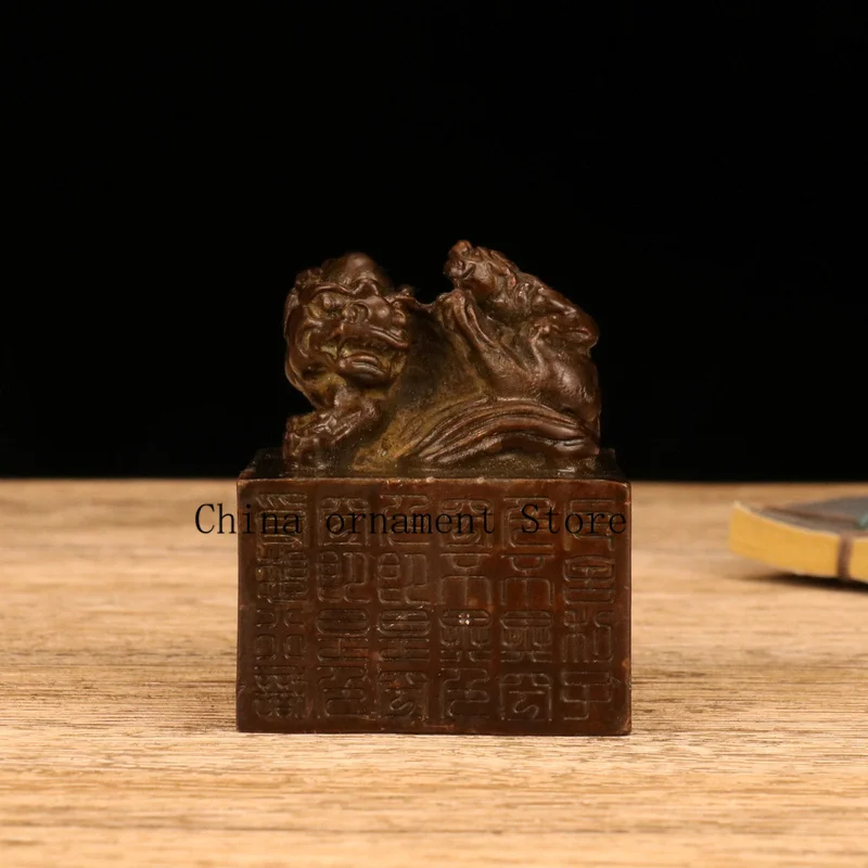 Antique alloy double Pixiu seal ornament, antique-style, for collection, Pixiu seal, desktop decoration, study room decor, handi