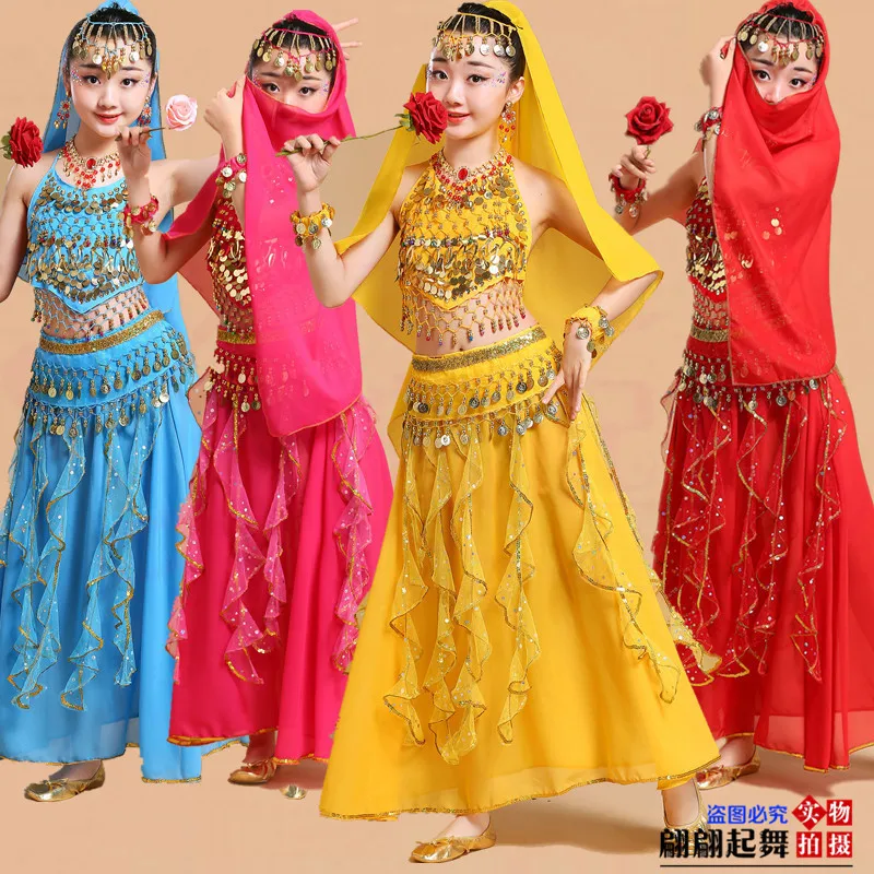 6pcs bollywood oriental belly dance costumes set professional girl kids Child wear sari indian dress dancing bellydance practice