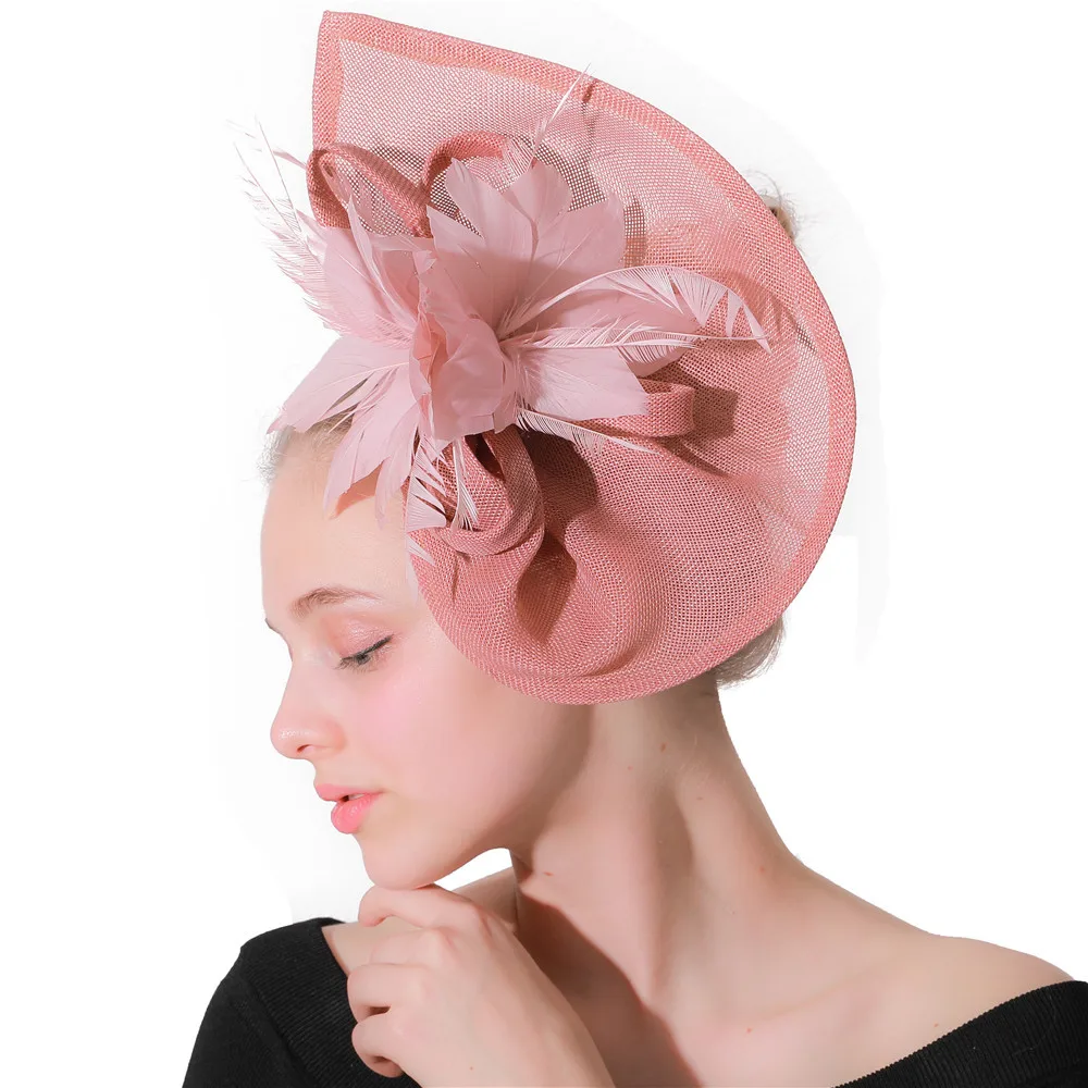 Women Elegant Ladies Headwear Fedora Caps Church Wedding Pink Bow Fascinators Hats Hair Clip Feather Decoration Headpiece SYF480