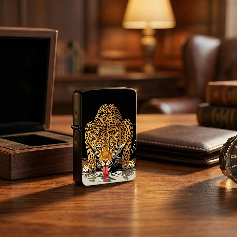 Vintage Collectible Lighters - Flip Top Lighter Leopard Drinking Water