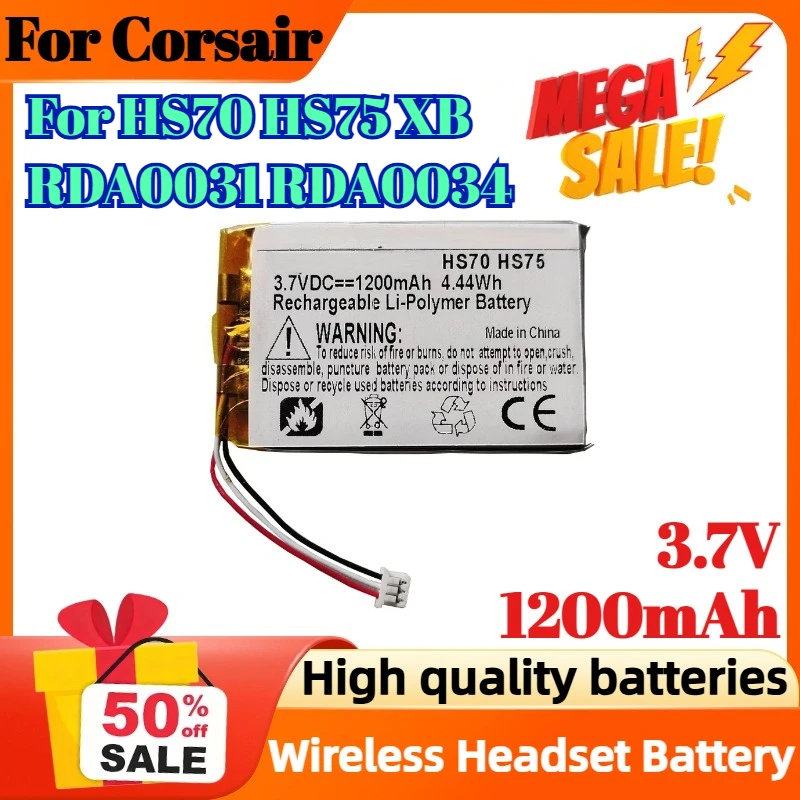 

3.7V 1200mAh for Corsair Void Pro RGB HS70 Virtuoso RGB SE Wireless Gaming Headset-Dolby 7.1 Surround Sound Headphones