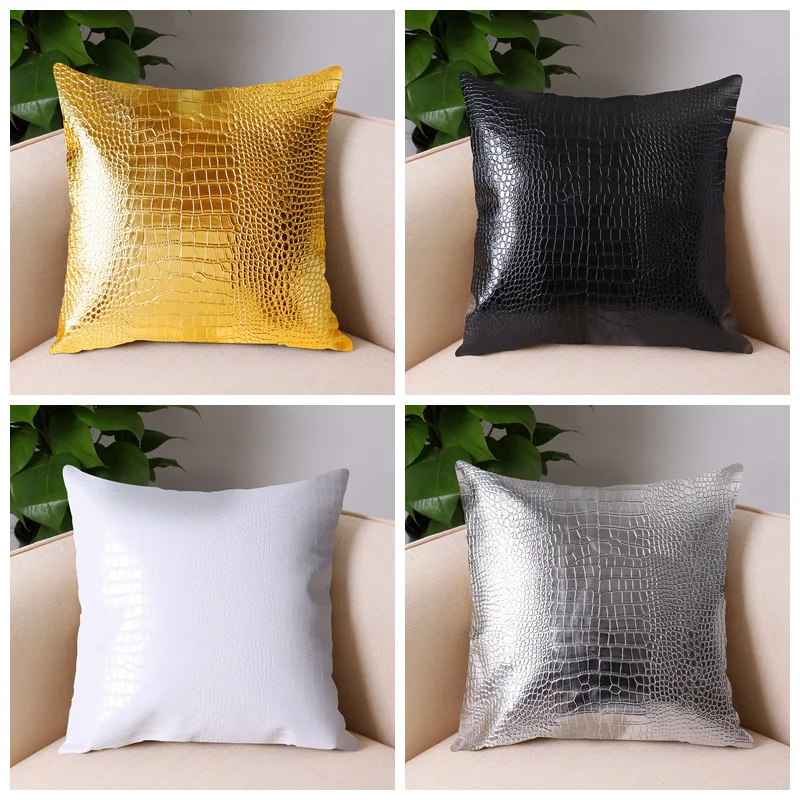 1PCS Leather Pillowcase, Crocodile Grain Throw Cushion Cover, Size 45x45cm, Gold Silver Color, Waterproof Back Pillow Cover