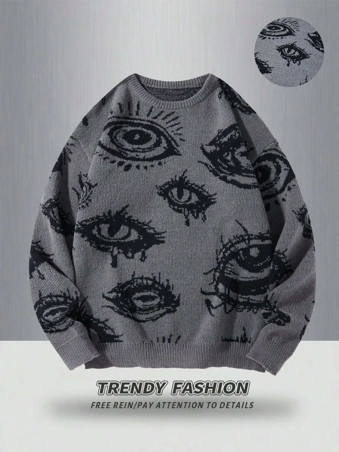 

Men's Graphic Eye Print Knit Sweater, Loose Fit Round Neck Pullover for Casual Streetwear, Autumn Winter