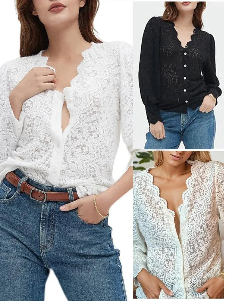 

Fashion Women's Spring and Summer New V-Neck Lace Cut Out Top Elegant Shirt