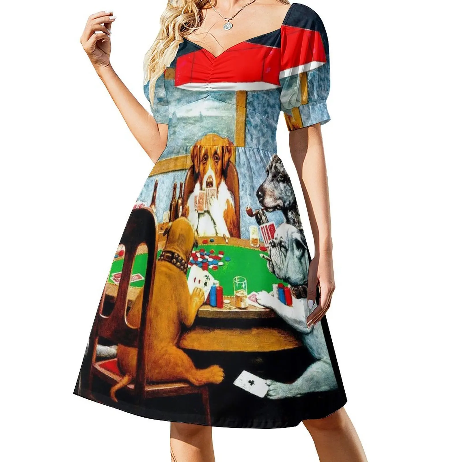 

DOGS PLAYING POKER : Vintage C M Coolidge Print Short Sleeved Dress Casual dresses Women's dress dresses summer woman 2025 Dress